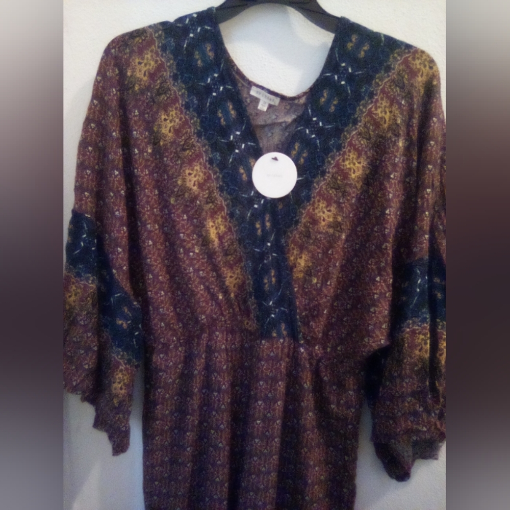En Creme 100% Rayon Bohemian Brown and Blue Jumpsuit Bell Sleeves Size M